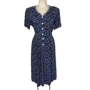 Vintage Ditsy Floral Midi Dress 10 Blue Fairy Goth Whimsigoth Cottagecore 90s